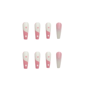 Long ballet press-on nails with pink and white gradient and yin-yang heart patterns