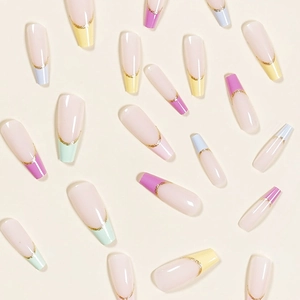 Detailed view of long coffin French press-on nails with multi-color pastel tips and gold glitter