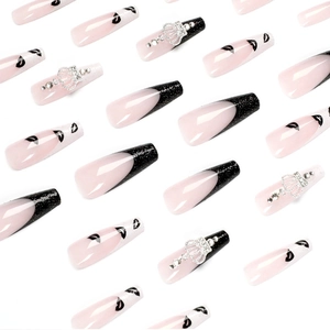 Long ballerina press-on nails with crown rhinestones, lip prints and black French tips
