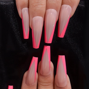Long coffin fake nails featuring nude base with neon pink V-shape French tips design