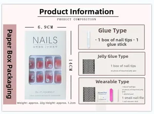 Detailed set of 24 press-on nails with blue-pink gradients and white floral patterns