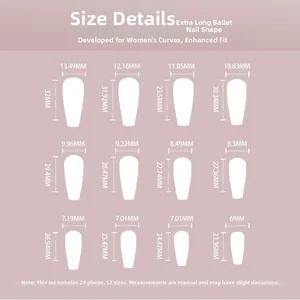 Tableau des tailles pour 24 faux ongles ballerine extra longs en diverses dimensions