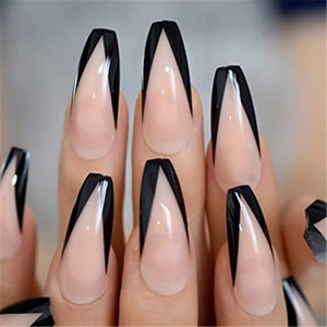 Close-up of long coffin fake nails with nude base and black V-shape French tips