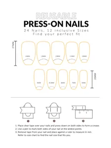Size guide for reusable press-on nails showing 24 pieces in 12 sizes with measuring steps