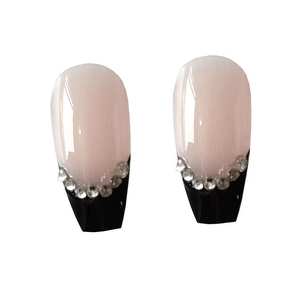 Pink and black coffin press-on nails with bow and rhinestone details for women