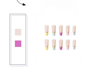 Detail view of 10-piece long coffin press-on nails with colorful French tips and gold lines