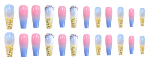 Detail of 24pcs long coffin press-on nails with blue-pink gradient, gold foil, and rhinestones