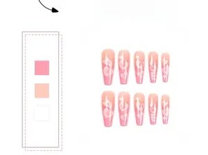 Détail de faux ongles ballerine longs avec dégradé rose et motifs de cœur et d'étoile