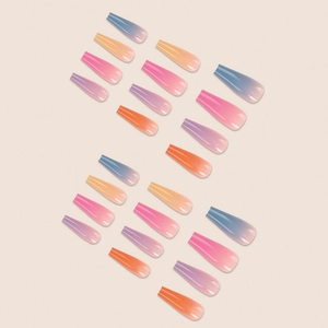 Long coffin shape press-on nails featuring a vibrant colorful gradient design
