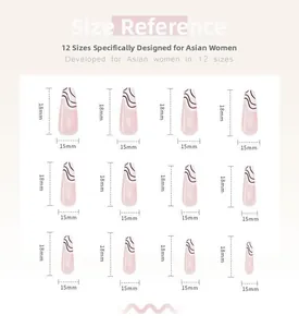 Detailed press on nail size guide showing 12 pink gradient French tip nail measurements