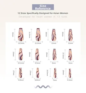 Size chart showing 12 different dimensions for long coffin wave pattern press on nails
