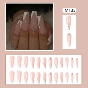 Long ballerina press-on nails with white V-French tips and colorful rhinestones