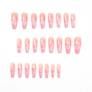 Faux ongles ballerine dégradés roses avec cœurs blancs et étoiles scintillantes