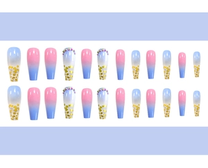 Detailed set of long coffin press-on nails with pink-blue gradient and gold foil