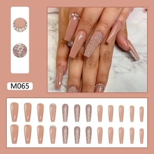 Detailed set of 24 pieces nude coffin fake nails with rhinestones and glitter finish