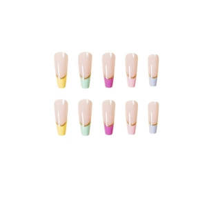 Long coffin French press-on nails with nude base and colorful tips with gold glitter