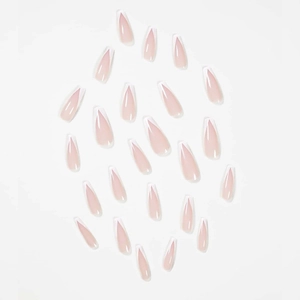 Pink and white French tip long ballerina press-on nails set on plain white background