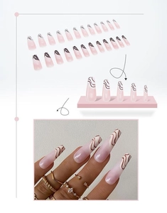Detail view of 24pcs pink gradient press on nails with brown wavy lines and display stand