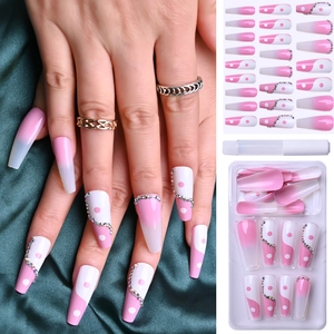 Pink and white gradient long coffin press-on nails with polka dots and rhinestones kit