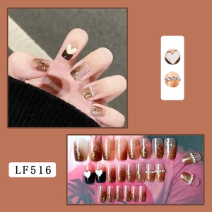 Brown gradient press-on nails with gold foil, white 3D heart, and rhinestones, 24-piece set