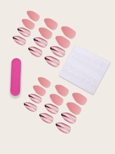 Set unghie a mandorla rosa opaco e metallizzato, 24 pezzi con lima e adesivi inclusi