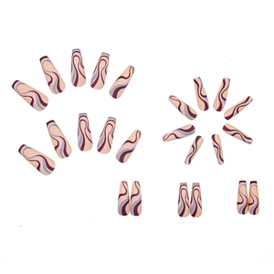 Matte long coffin press on nails with beige base and elegant purple wavy line art patterns