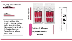 Detail of red matte long press-on nails set including mini nail file in white box