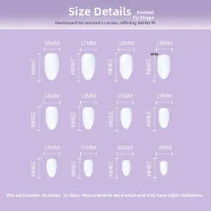 Size chart for pointed almond press-on nails showing 12 sizes with precise measurements