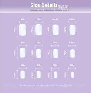 Size chart for square long press-on nails featuring 24 pieces in 12 different dimensions