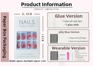 Detail list of 24pcs pink floral press-on nails set with tools and packaging size