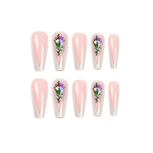 Long coffin french press-on nails in light pink with white V-tips and AB rhinestones