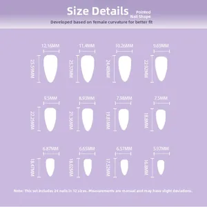 Size chart showing width and length for 12 almond shaped press-on nail specifications