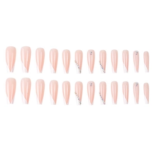 Detailed view of 24pcs pink French press-on nails with white V-tips and rhinestones