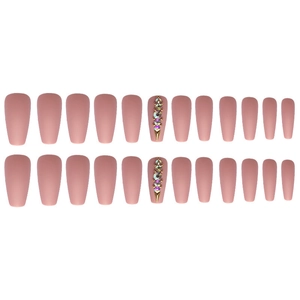 Matte nude pink long ballet press-on nails set with rhinestones and gold foil accents