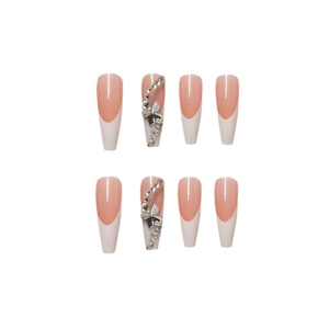Long coffin press-on nails with French tip, butterfly charms and sparkling rhinestones