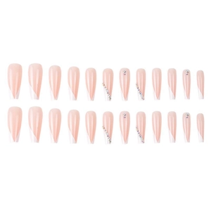French tip coffin fake nails set with rhinestones and white V-lines on nude base