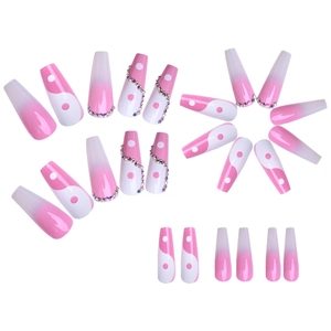 Pink and white gradient long coffin press-on nails with yin yang design and rhinestones