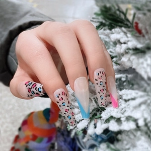 Detailed close-up of almond leopard print press-on nails with blue French V-lines