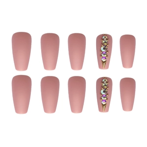 Matte nude ballet coffin press-on nails set with rhinestone and gold foil accents