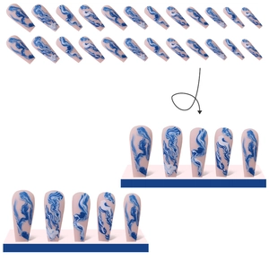 Long trapezoid press-on nails with nude pink base and blue marble swirl design