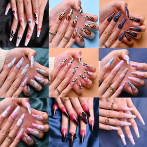 Nine medium almond press-on nail styles featuring floral, animal prints, and glitter accents