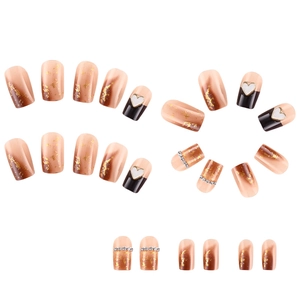 Handmade press-on nails set with nude pink gradient, gold foil flakes and white heart relief
