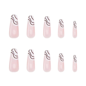 Pink and white gradient coffin press on nails with elegant brown wavy line patterns