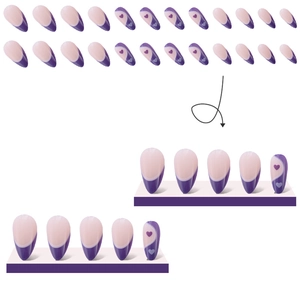 Almond shaped press-on nails in pink and purple with French heart art design 24 pieces