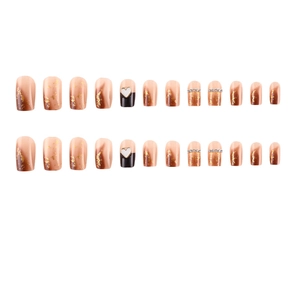 24pcs press-on nails with nude brown gradient, gold foil glitter, and white heart charms
