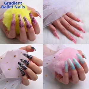 Macro view of marbled ballerina press-on nails in assorted vibrant color palettes