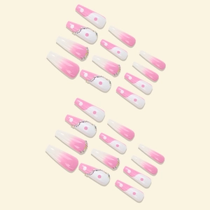 Pink and white tai chi long coffin fake nails set with rhinestones and gradient design