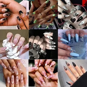 Collage of almond and coffin shaped press-on nails in various creative artistic designs