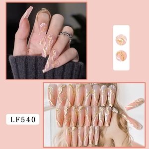 Long coffin marble press-on nails with 3D embossed gold foil lines and pink gradient finish