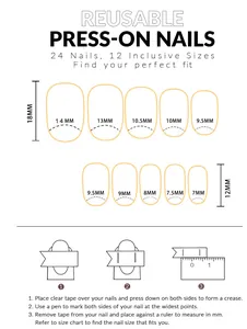 Guide des tailles détaillé pour 24 ongles French press-on avec étapes de mesure précises